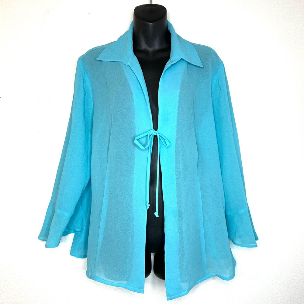 Y2K Cato Women's Sheer Blouse 2XL Turquoise Front Tie Bell Sleeves Resort Vacay